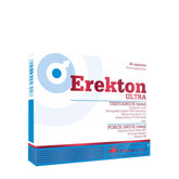 Olimp Erekton Ultra dietary supplement box with 30 capsules, promoting vitality and performance.